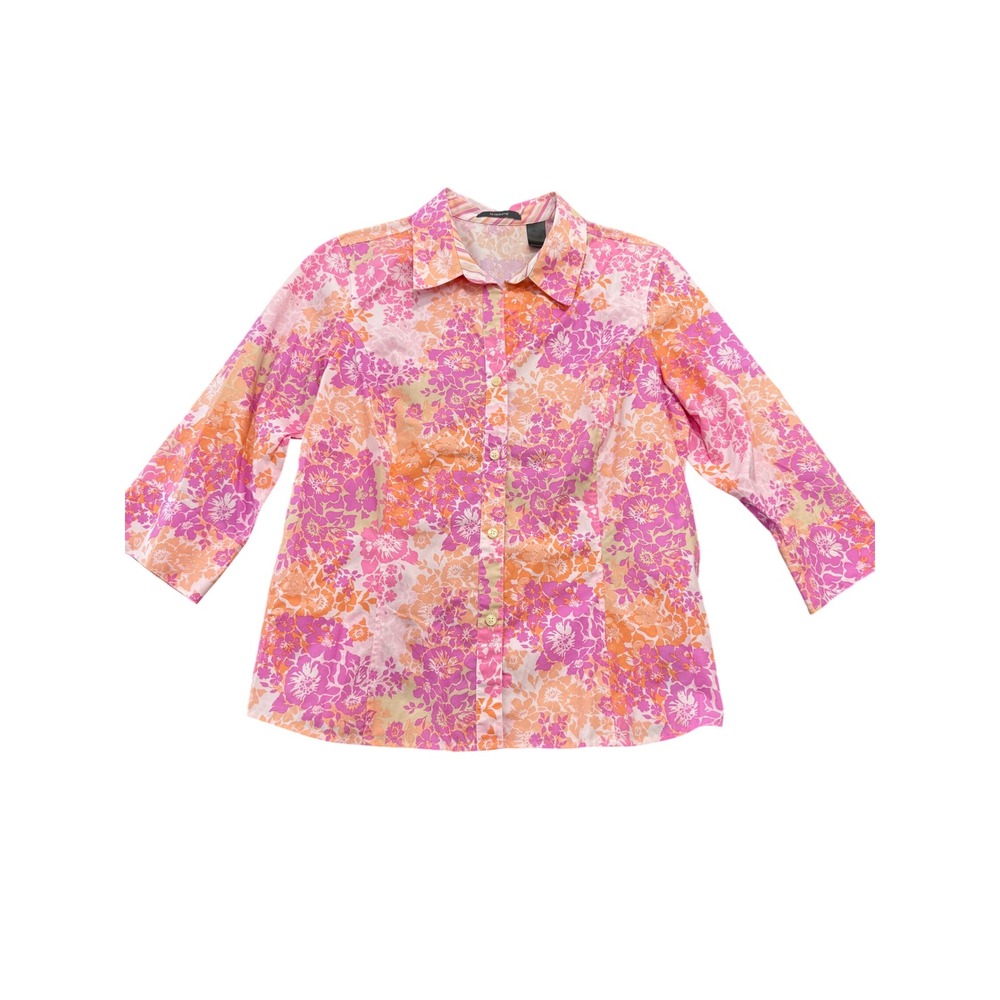 Liz Claiborne Floral Button Front Shirt Womens Size 14 Pink Orange 3/4 Sleeve